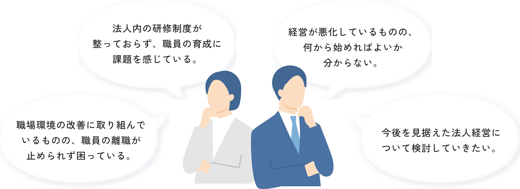 「職場環境の改善に取り組んでいるものの、職員の離職が止められず困っている。」「法人内の研修制度が整っておらず、職員の育成に課題を感じている。」「経営が悪化しているものの、何から始めればよいか分からない。」「今後を見据えた法人経営について検討していきたい。」